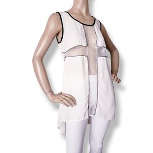 Penelope Cream & Black Hi Lo Cross Panel Dotted Mesh Blouse